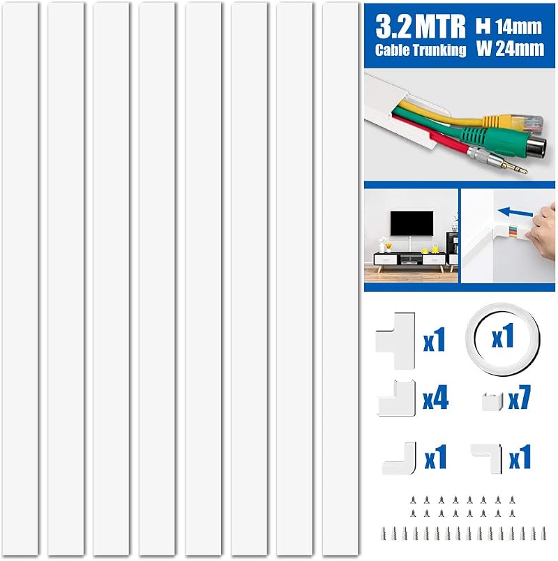 MUDEELA Cable Trunking Kit 8 x 400mm White Self Adhesive Wall Cable Covers