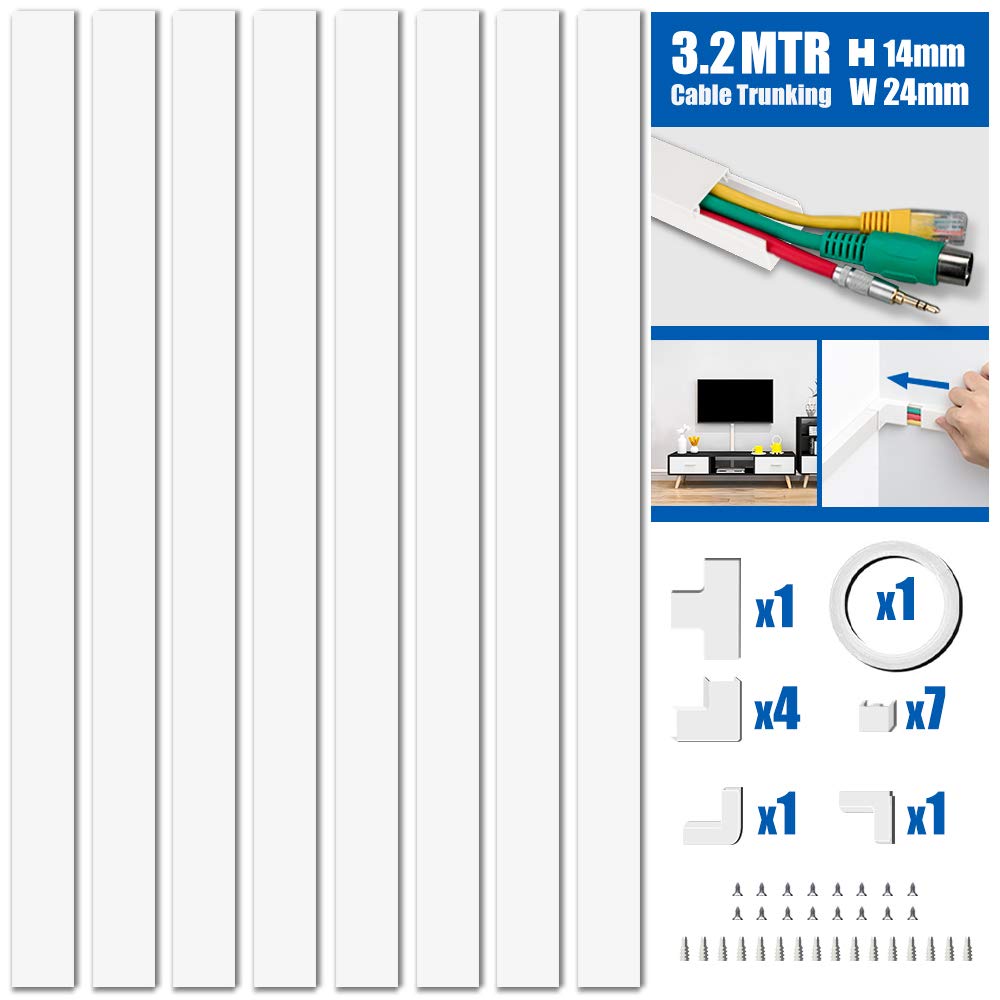 MUDEELA Cable Trunking Kit, Trunking for TV Cables, Self Adhesive Wall Cable Tidy, Wire Covers Wall, Cable Management to Hide Wall Mount TV Powers Cords in Home Office, 8X L400mm, W24mm H14mm, White