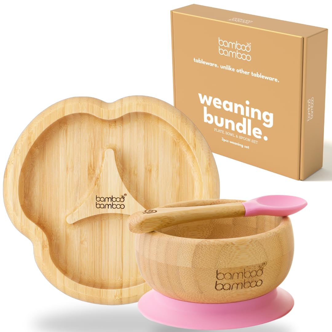 bamboo bamboo Baby Plate & Baby Bowl Weaning Set, Suction Plate and Bowl for Feeding and Weaning, Bamboo Divider Plate, Toddler Bowl & Baby Spoon, Suction Plates for Babies from 6 Months (Pink)