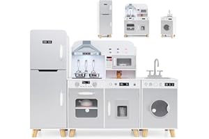 HONEY JOY Kids Kitchen Playset, 3-Piece Modular Wooden Corner Toy Kitchen Set/Refrigerator/Washing Machine & Sink, Lighted Ra