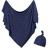 Aijoviko Newborn Swaddle Blanket with Hat Set Baby Swaddle Set Hospital Receiving Blankets for Girls Boys(Navy,35"*35")