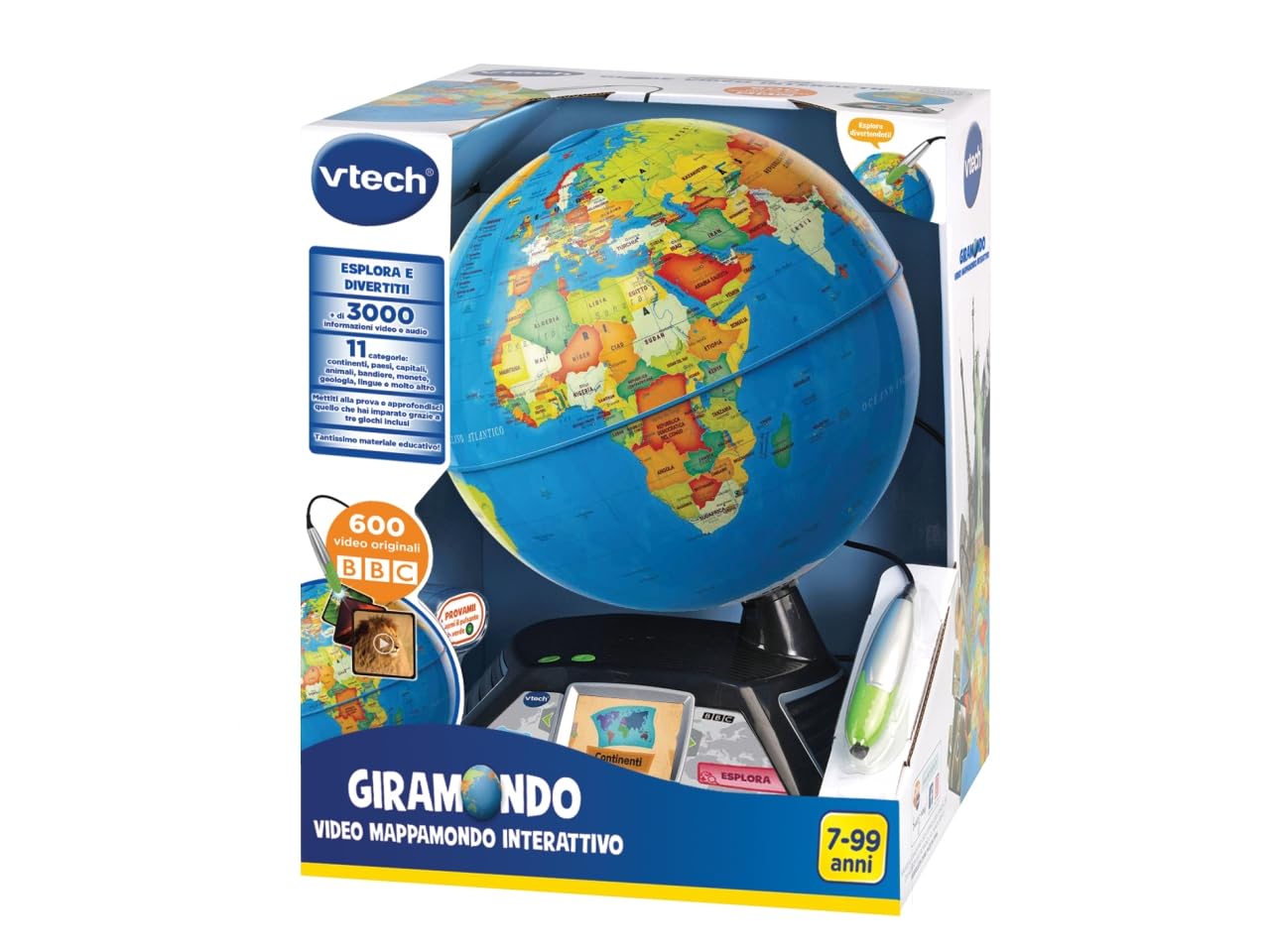VTech Giramondo - Video Mappamondo Interattivo, Mappamondo Bambini con Penna Touch e Schermo 2.7", Inclusi 600 Video BBC, Giochi Educativi e Quiz, Lingua Italiana, Batterie Incluse, 7-99 Anni