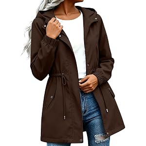 BFAFEN Rain Jacket Women Waterproof with Hood Striped Lined Belted Zip Up Long Raincoat Windbreaker Hiking Fall Jacket Pocket