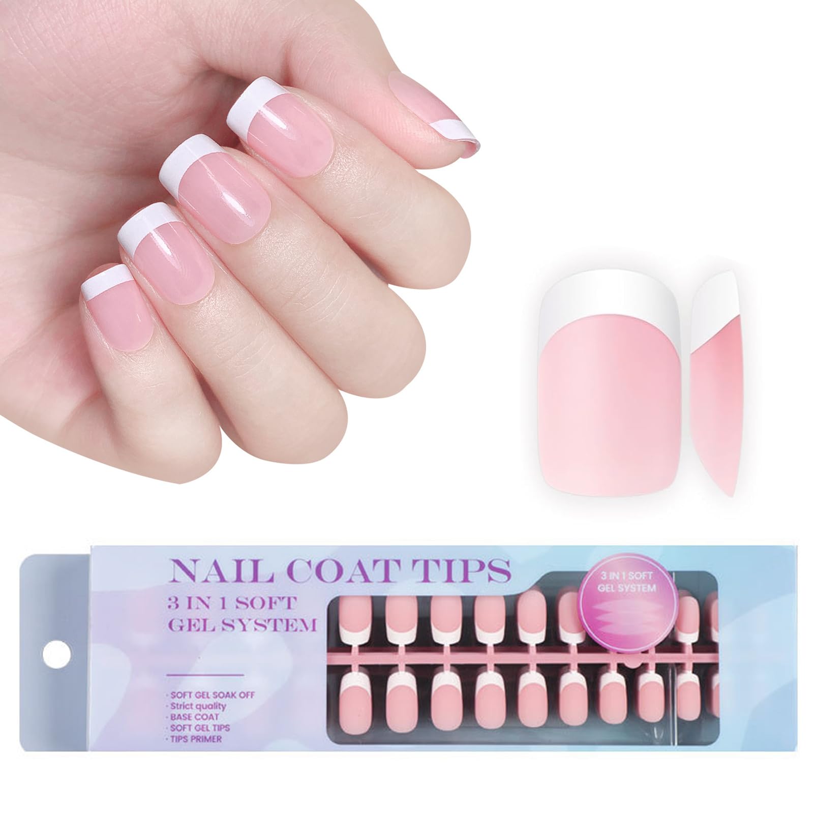 French False Nails Kit, 300Pcs French Fale Nails Short, Square Pink X-coat Tips Press On Nails, Pre-applied Tip Primer & Base Coat Cover, Full Cover Stick On Nail for Women Manicure(Nude Pink)