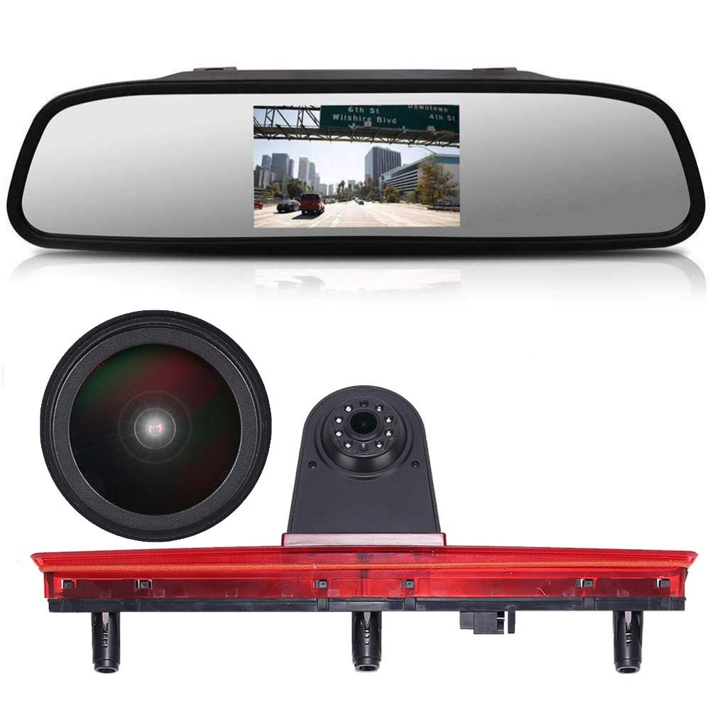4.3'' Inch HD Rearview Mirror + 1280x720 Pixel 1000TV Lines HD Reversing Camera, HD Night Vision Rear View Backup Camera for VW T5 Bus Transporter VAN Multivan Caravelle Bussiness Car 2003-2015 Bj