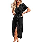 CUPSHE Women's Midi Dress V Neck Short Sleeve Twisted Slit Pleated Summer Casual Dress