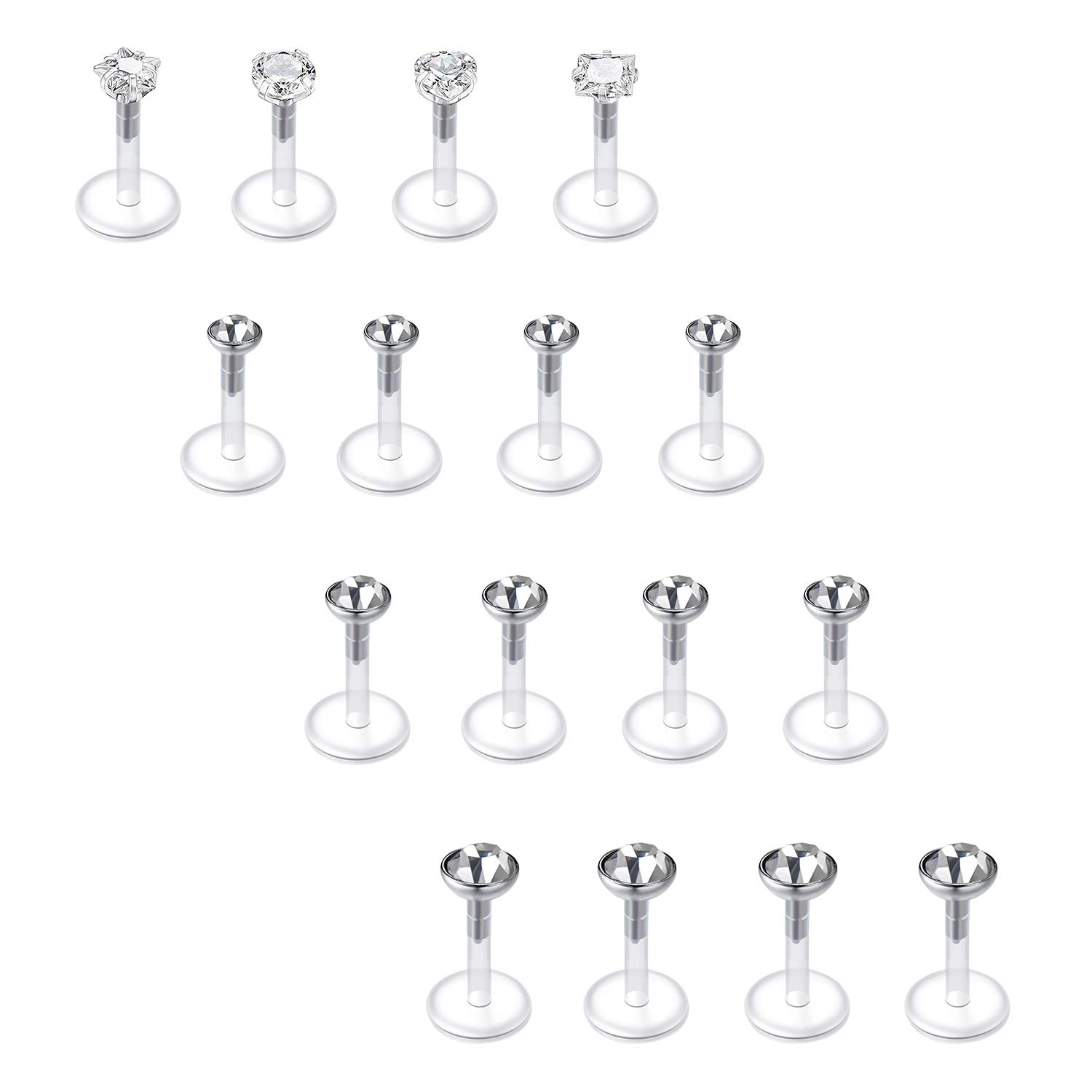 Briana Williams 16pcs Clear Lip Labret Bars Studs Retainers Bioflex 16G Medusa Crystal Opal 6/8/10mm Piercing Jewellery