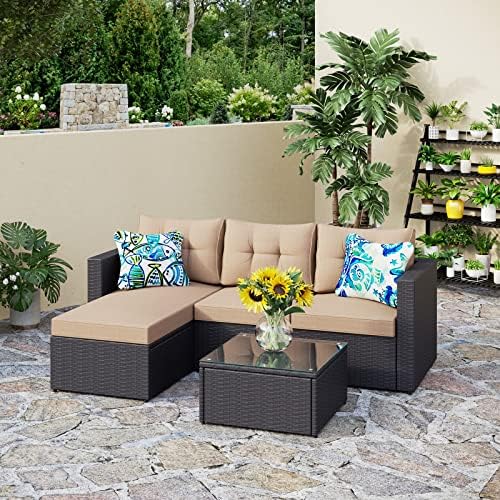 PHI VILLA 77" Wide Outdoor Rattan Sectional Sofa with Cushions Small Patio Wicker Furniture