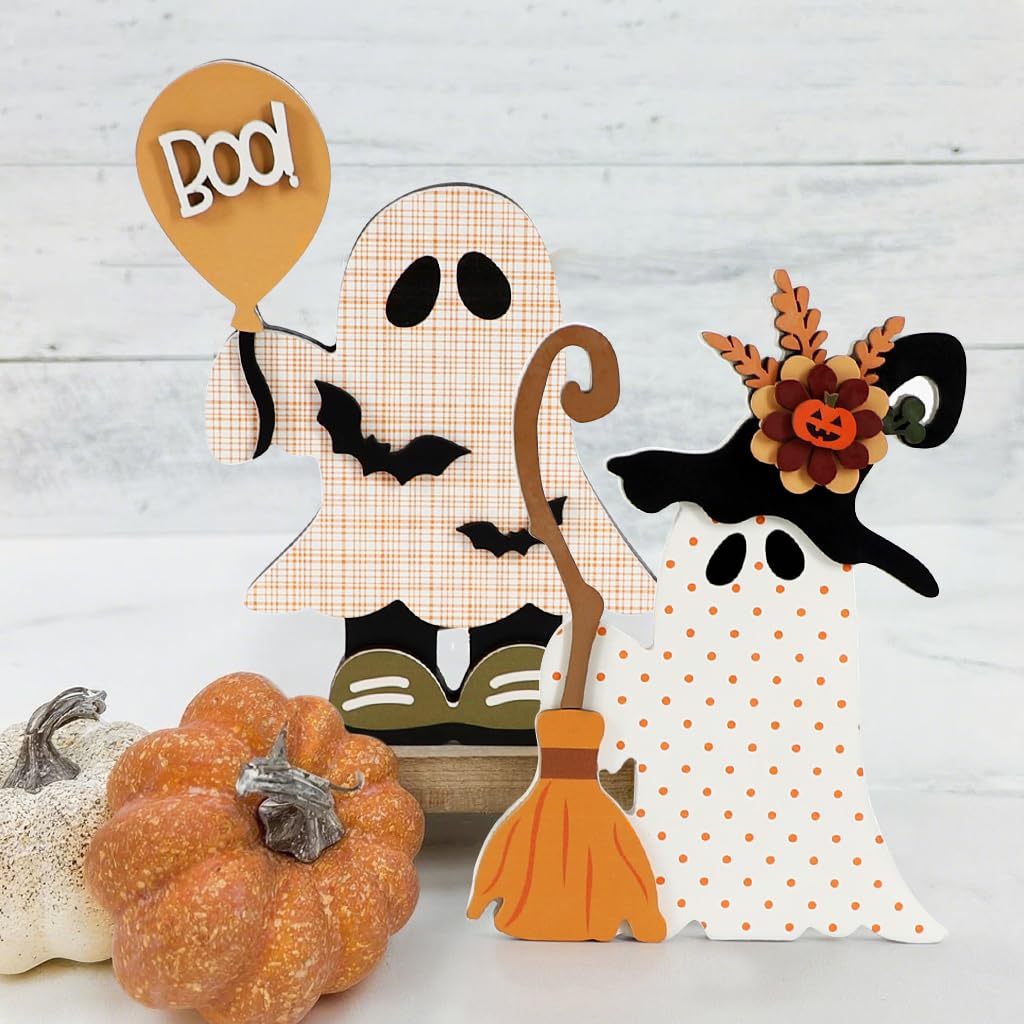 Photo 1 of DAZONGE Halloween Decorations Indoor, 2 Pack Cute Wooden Halloween Ghost Witch Decor, Witchy Ghost with Broom & Boo Balloon Centerpieces for Party Mantel Shelf Tabletop