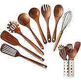 NAYAHOSE Wooden Kitchen Utensils Set with Holder, NAYAHOSE 9 Pcs Teak Wood Spoons for Cooking Spatula Set with Stainless Steel Storage Barrel