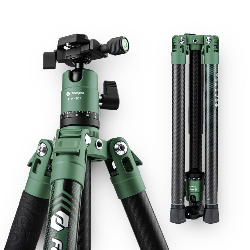 Fotopro 60 Inch Carbon Fibre Travel Camera Tripod with 360 Ball Head 1/4 Quick Release Plate Lightweight Professional Tripod for DSLR SLR Mirrorless Camera Fold Size 14.2 Inch Max Loads 10kg Green