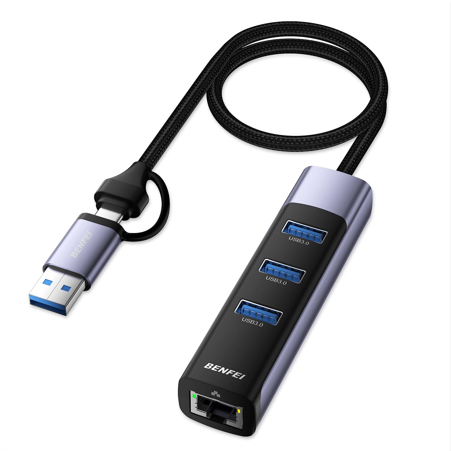 BENFEI 2in1 USB C/3.0 有線LANアダプタ、3 USB ポート イーサネットアダプター 10/100/1000Mbps RJ45 ギガビット iPhone 15 Pro/Max, MacBook Pro/Air 2023, iPad Pro, iMac, S23, XPS 17 などに対応商品画像