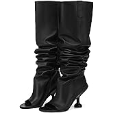 ZJGZF Knee High Boots Leather Tall Black Boots for Women Open Peep Toe Kitten Heeled Long Boot Round Toe Wide Calf Wedge Fashion Boot