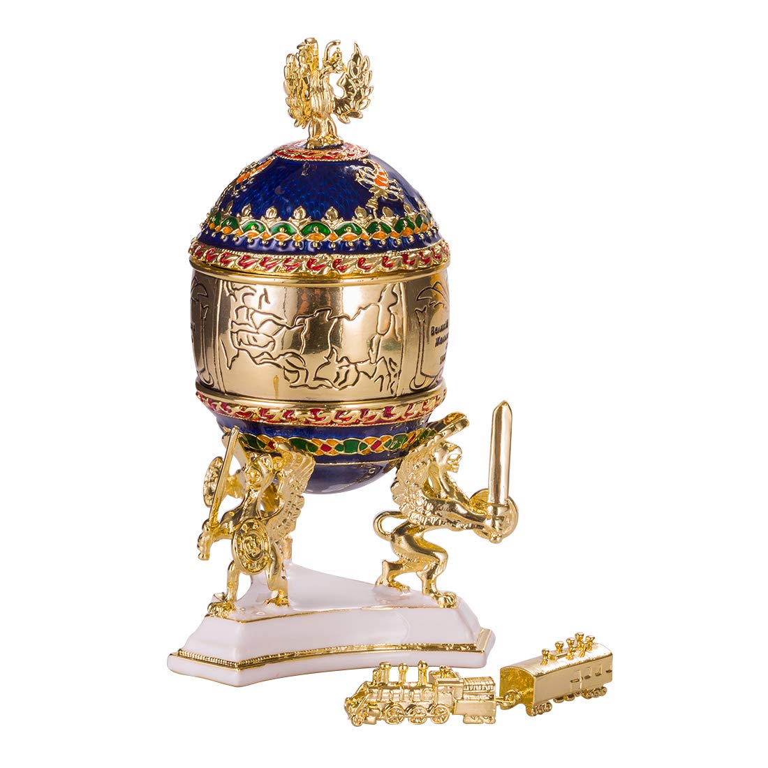 danila-souvenirs Glamorous Style Trans-Siberian Railway Easter Egg Trinket Jewel Box with train 12,5 cm blue