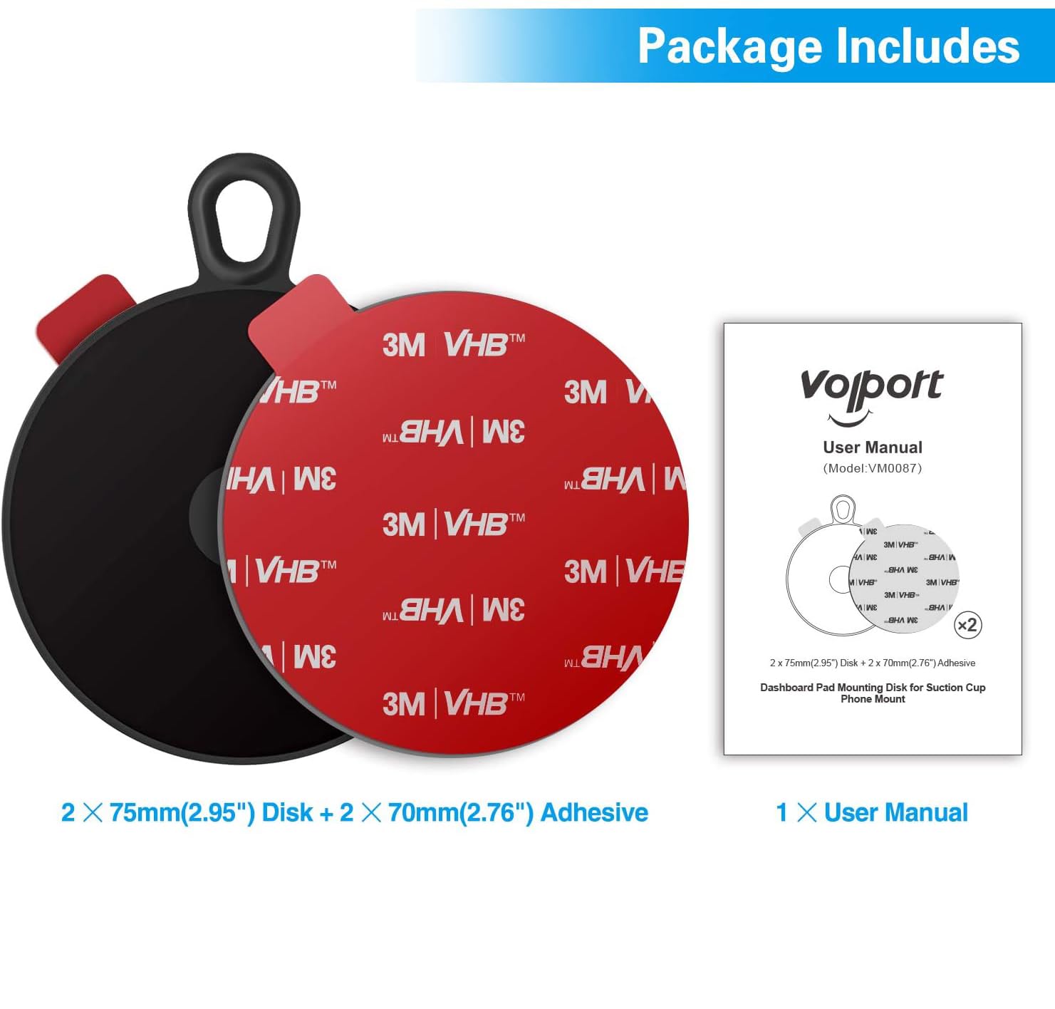 volport Dashboard Pad Mounting Disk for Suction Cup Phone Mount, 2.95in/75mm Sticky Adhesive Disc for Car Dash Cam GPS Holders with 3M Extra Strong Double-Sided Circle Adhesion Replacement Stickers