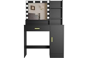 PANANA Vanity Desk, Vanity Mirror with Lights and Table Set with 1 Big Drawers, 1 Cabinet & 4 Shelves Makeup Vanity Set 3 Lighting Modes Brightness Adjustable Dressing Table (Black)