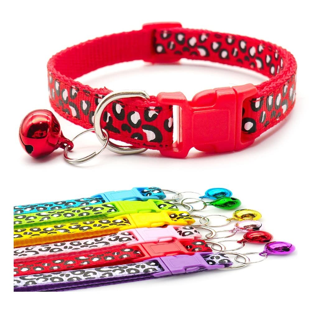 Small Dog Puppy Pet Collar Leopard Animal Print Design with Bell Nylon Adjustable Size 19-32cm Red