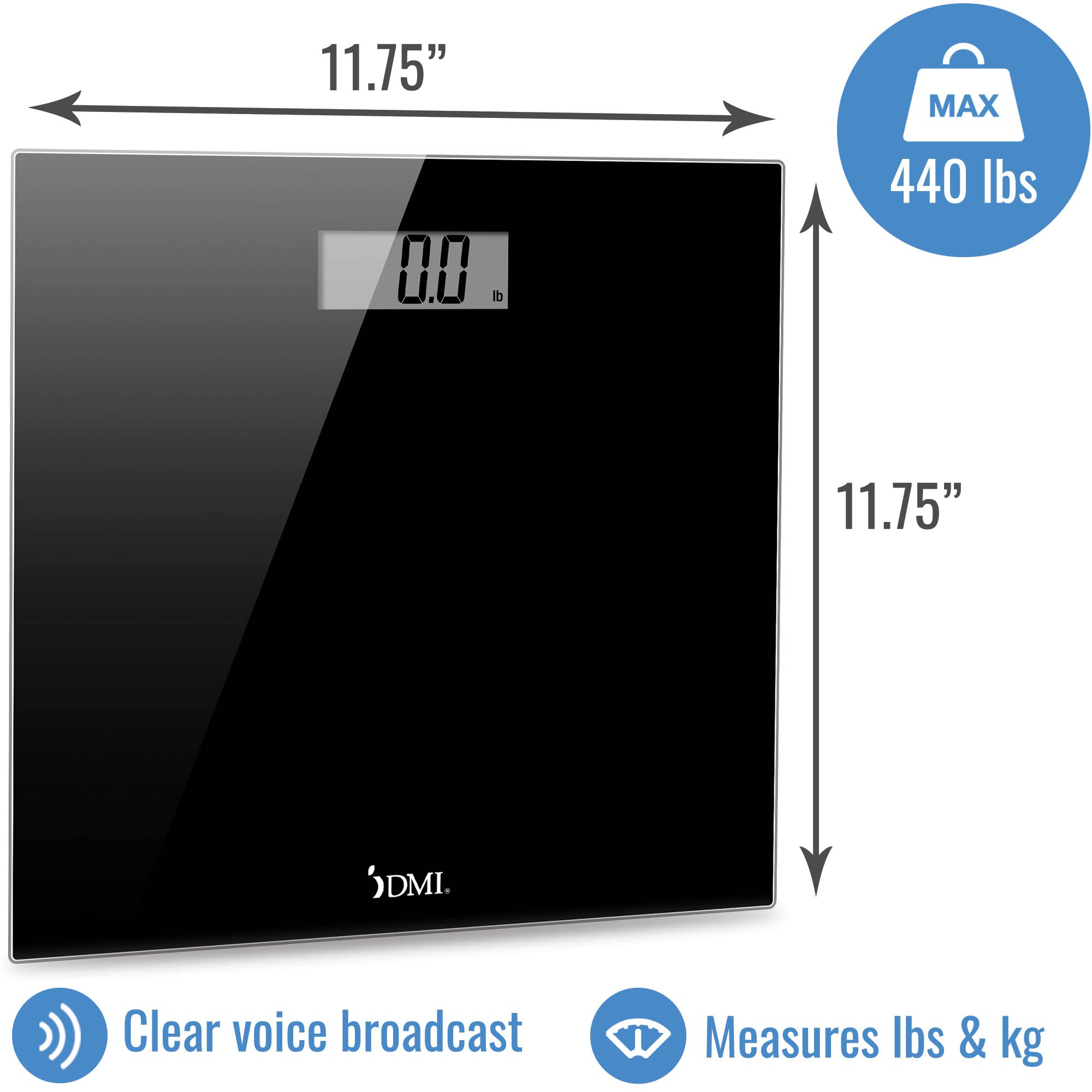 DMI Digital Talking Bathroom Scale, Sleek Tempered Glass, Clinically Accurate Measurements, Large LCD Screen, 440 lb. Weight Capacity