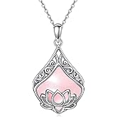 POPLYKE Lotus Flower Necklace for Women 925 Sterling Silver Teardrop Rose Quartz Moonstone Pendant Lotus Jewelry Gifts Birthday
