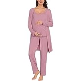 SWOMOG Maternity Pajamas Set 3 PCS Nusing Pajamas Labor and Delivery Gown & Camisole & Pants Postpartum Pjs