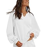 MAOECO Womens Oversized Sweatshirts V Neck Lace Crochet Lantern Long Sleeve Pullover Cropped Tops Fall Outfits Clothes