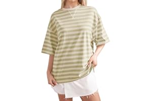 wkind olades Womens Striped Oversized Tops Color Block Crew Neck 3/4 Length Sleeve Shirt Casual Loose Pullover Y2K Clothes