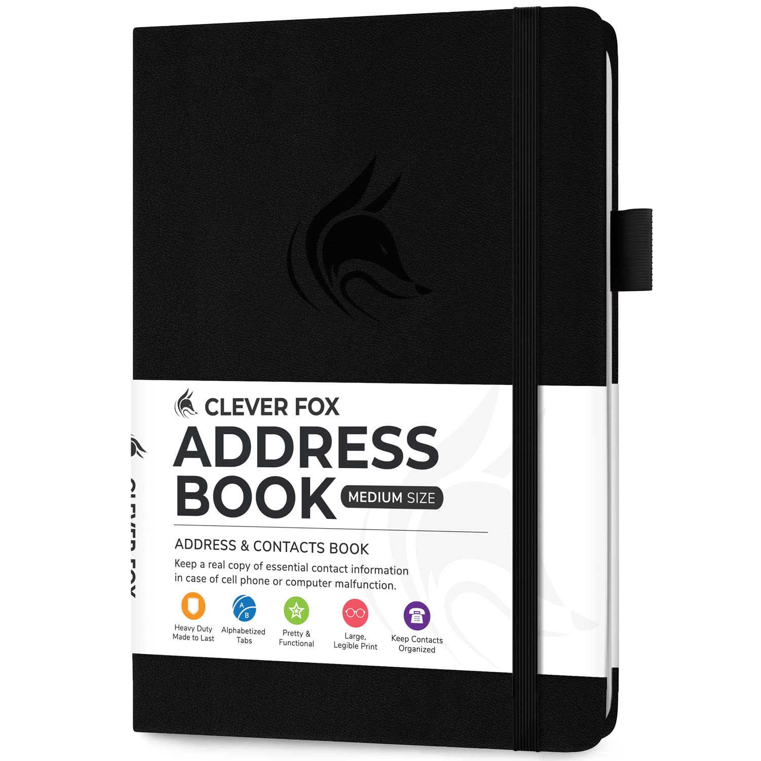 Clever Fox Address Book with alphabetic tabs - PU Leather Telephone and Address Book for Keeping Contacts Safe, Contact Organizer Journal, Medium Size (13.5 x 19cm) Hardcover, Black — image 1