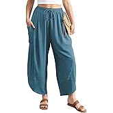 TARSE Women's Linen Harem Pants Casual Loose Drawstring Elastic Waist Summer Beach Travel Vacation with Pockets