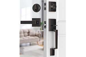Brightify Oil Bronze Front Door Handle, Oil Bronze Exterior Door Handle with Door Lever, Front Door Lock Set, Adjustable Deadbolt with Single Cylinder, Reversible for Right&Left