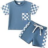 Sejardin Toddler Baby Boy Summer Clothes Plaid Patchwork Short Sleeve T Shirt Tops and Stretch Shorts Infant Boy Outfit