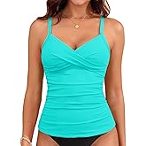 Yonique Women's Tankini Top Swimwear Twist V Neck Swimsuits Tummy Control Bathing Suits Top Only