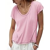 Cicy Bell Womens Cropped Scoop Neck Tshirts Summer Cap Short Sleeve Exposed Seam Tops Casual Loose Fit Cotton Tee Shirts