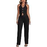 Two Piece Sets for Women Summer V Neck Button Down Sleeveless Halter Vest Tops Wide Leg Pants Sets Matching Sets
