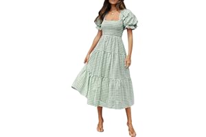 ZESICA Women's 2025 Bohemian Summer Plaid Square Neck Puff Sleeve Ruffle Flowy Beach Midi Dress