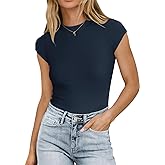 MIHOLL Women's Summer Cap Short Sleeve Tops Mock Neck Ribbed Knit Slim Fit Casual Basic Tee T Shirts