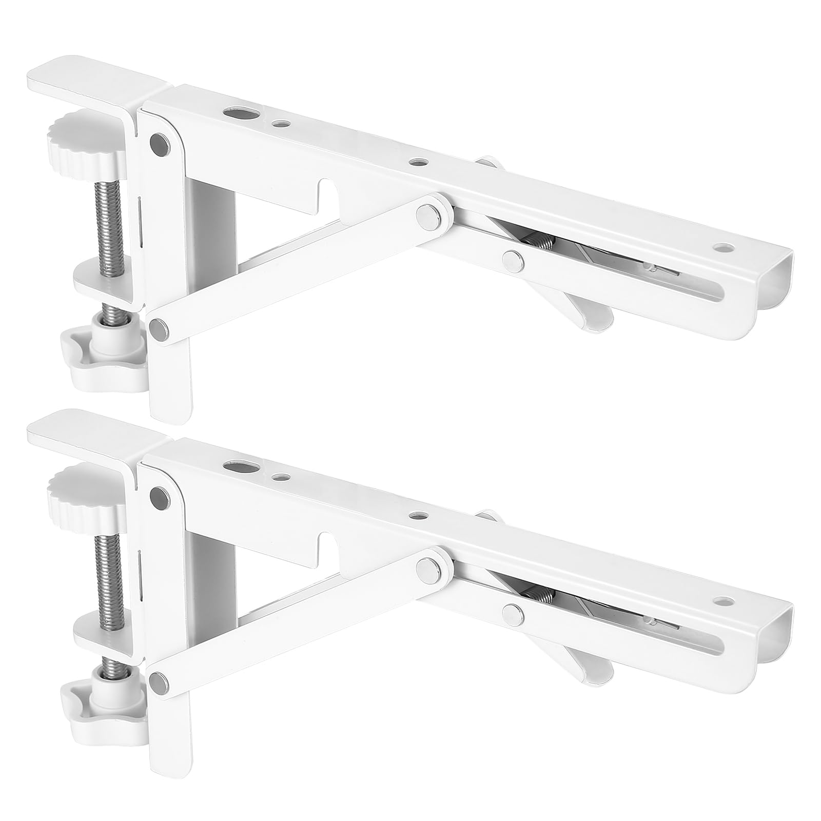 2 Pcs Folding Shelf Brackets Heavy Duty, Foldable Metal Wall Brackets for Shelves, Shelf Brackets & Supports Wall Mounted Folding Hinges with C Clamp Tiger Clamps for Bench Table Shelf(White/8 Inch)
