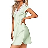 Ekouaer Women's Satin Nightgown Sleepwear Lace V Neck Side Slits Nightie Short Sleeves Nightshirt