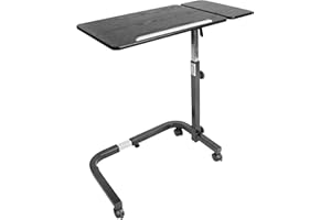 KMINA Overbed Table with Wheels, Hospital Bed Table Adjustable, Tilting C Shaped Bedside Tray, Wood, Black