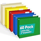 HERKKA Extra Capacity Hanging File Folders, 60 Pack Reinforced Letter Size Hanging Folders with Heavy Duty 3 Inch Expansion, Designed for Bulky Files, Medical Charts, Adjustable Tabs, Assorted Colors