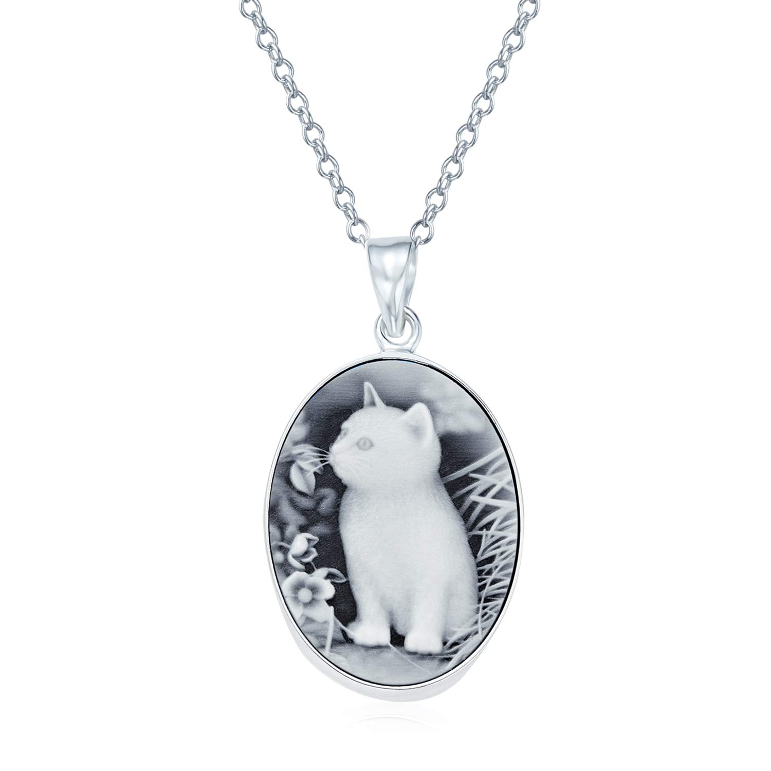 Bling Jewelry Vintage Antique Style Simulated Black Onyx Sitting Kitten Kitty Cat Cameo Pendant Necklace For Women Teen .925 Sterling Silver