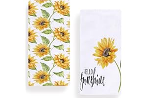 Secarond Watercolor Sunflower Hello Sunshine Kitchen Dish Towel 18 x 28 Inch Set of 2, Summer Floral Tea Towels Dish Cloth fo