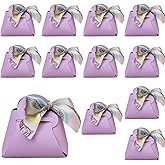 CALFOVERA 12 Pack Reusable PU Leather Party Favor Boxes with Handle Ribbon Purple Treat Candy Wrapping Bags Mini Gift Handbags for Wedding Baptism Birthday Halloween Party Decoration Supplies