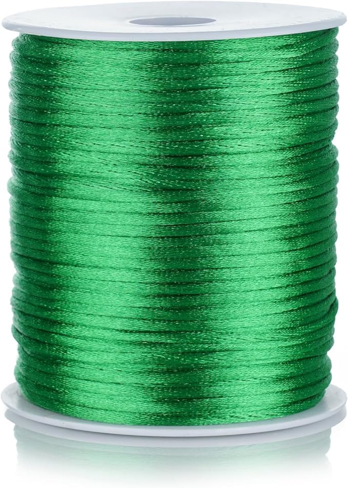 FQTANJU 2mm Nylon Satin Cord, 100 Yards Nylon Cord Satin String for Bracelet Jewelry Making Silky Rattail Macrame Trim Cord Necklace Bulk Beading Thread Kumihimo Chinese Knot Craft (Green)