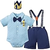 bakjuno 1st Birthday Outfit Boy Mr Onederful First Birthday Bowtie Romper + Suspender Shorts+ Party Hat Cake Smash Outfits