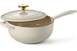 Tramontina Bestow Enameled Cast Iron Saucier Pan with Lid, 3-Quart, Latte with Gold Knob