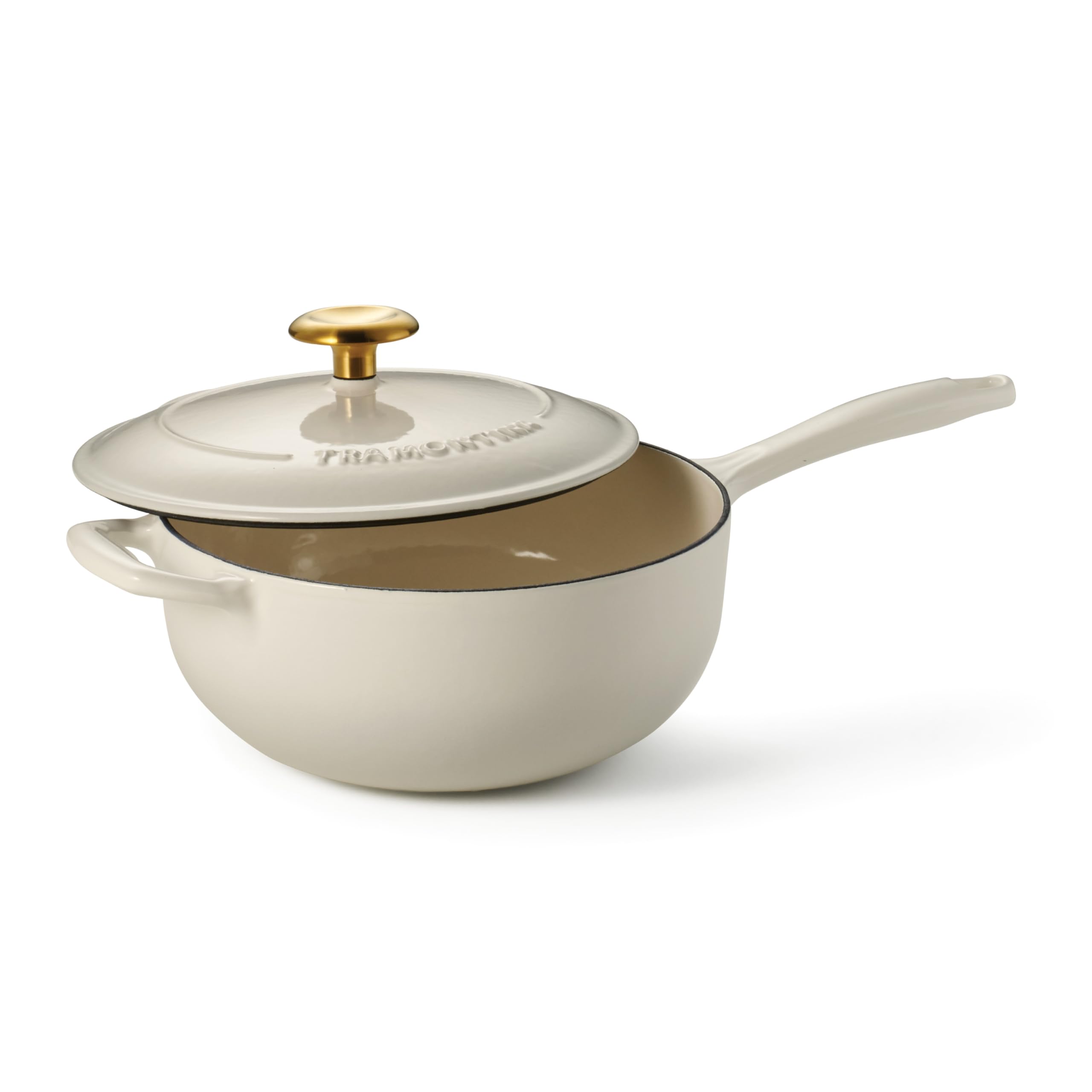 Tramontina Bestow Enameled Cast Iron Saucier Pan with Lid, 3-quart, Latte with Gold Knob Image Tramontina Bestow Enameled Cast Iron Saucier Pan with Lid, 3-quart, Latte with Gold Knob Image