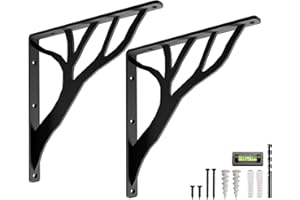Rustic Tree Black Heavy Duty Shelf Brackets 12 inch by Balin Designs, Decorative L Brackets, Iron Metal Floating Shelf Bracket, Wall Mount Shelving Bracket, Included Hardware, Set of 2