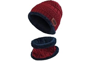 Kids Winter Warm Hat Circle Scarf Set Knitted Beanie Hat Thick Stretchy Skull Cap with Soft Fleece Lined for Boys Girls