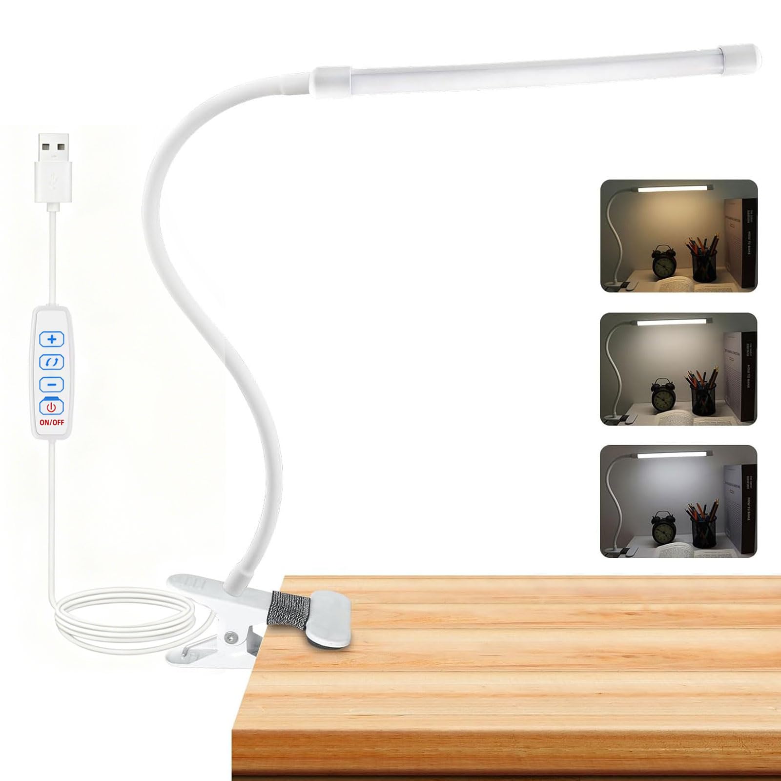 Akynite 8W Clip on LED Desk Light, Flexible Gooseneck USB Lamp Bed Lamp, 3 Colours & 10 Brightness, Dimmable Bedside Reading Lamp, Desk Clip Light for Nail Sewing Craft Work, White