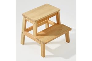 HOUCHICS Wooden Step Stool for Adults Kids, Solid Wood Bed Step Stool, Multi-Purpose 2-Step Stool for Kitchen, Bed, Bathroom（Wooden）